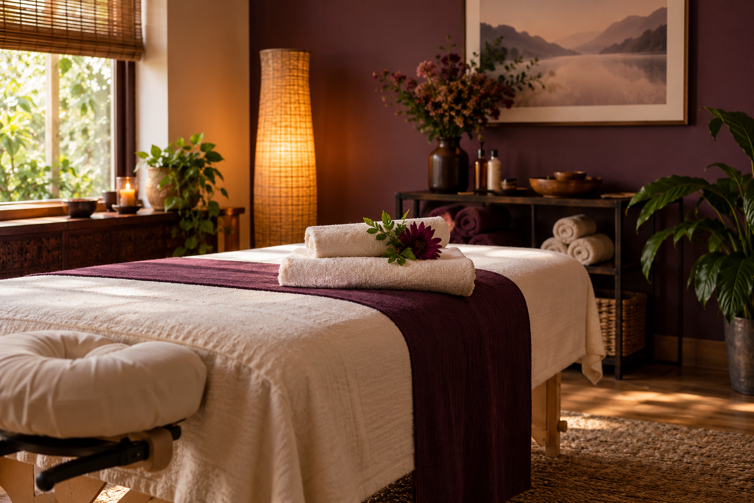 A calm massage studio ready for a restorative session