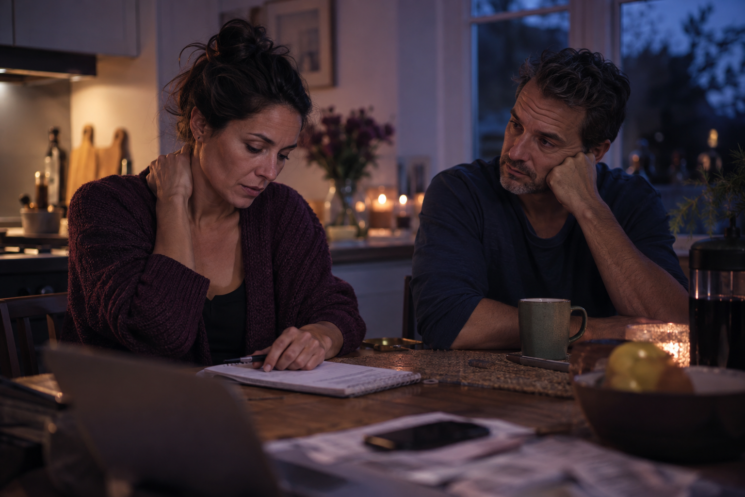 A notebook at the table as a couple navigates an overloaded evening